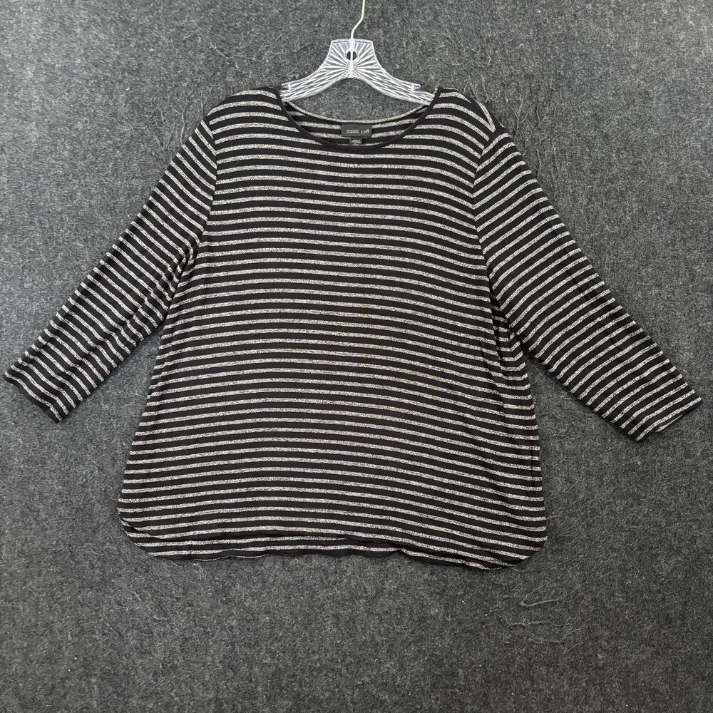 J Jill Wearever Shirt Women's Large Petite Black Striped 3/4 Sleeve Jersey Top